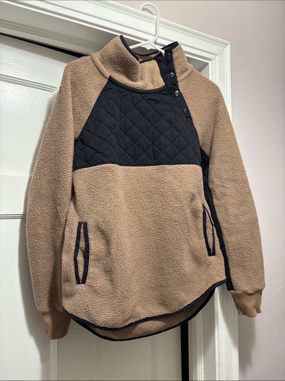 Beige Sherpa Pullover with Quilted Black Yoke